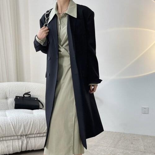 Spring and autumn womens casual solid color double-breasted long loose windbreaker