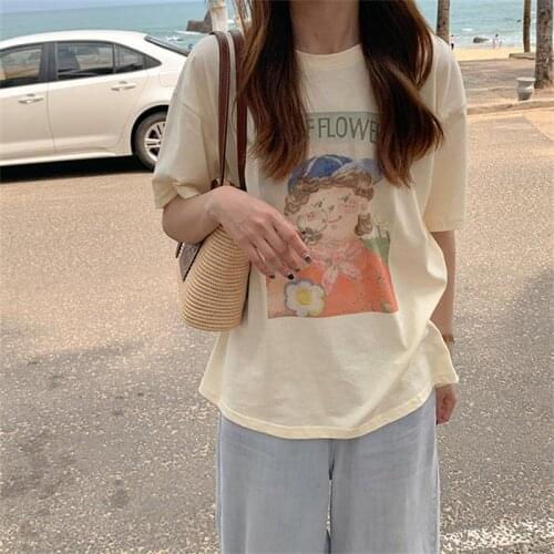 Womens T-shirts Tops Japanese Kawaii Ulzzang Retro Ins Cartoon Print Loose Tshirt Female Korean Harajuku Clothes For Women