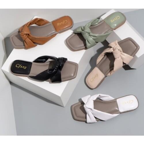 Womens summer flip-flops bow tie open toe casual flat shoes beach herringbone sandals large size 41