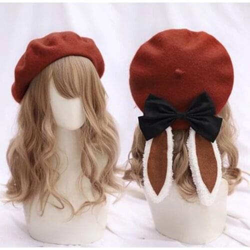 Womens cute rabbit ears Lolita beret autumn winter DIY painter hat warm beanie hat unisex artist hat outdoor newsboy hat