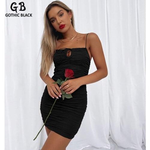 Gothblack Sexy Hollow Out Solid Sleeveless Slim Mini Dress Women Bodycon Folds Spaghetti Straps Dress Summer Chic Party Outfits
