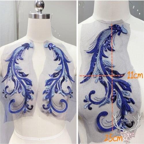 2Pairs Navy blue Sequins Embroidery Phoenix Feather Pattern Embroidery Clothing Dress Patch Accessories 11*25cm