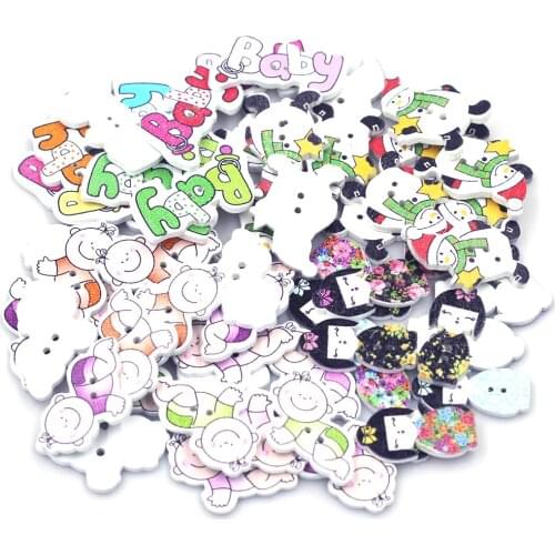 30PCS Mixed Painting Wooden Sewing Buttons 2 Holes Character Baby DIY Crafts Scrapbook Clothes Gift Decoration Knitting Supplies