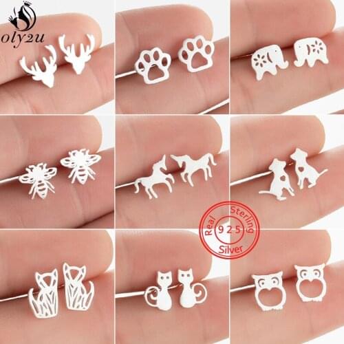 925 Sterling Silver Animal Earrings for Women Minimalist Jewelry Small Fox Bee Unicorn Paw Deer Ear Studs Kids Christmas Gifts