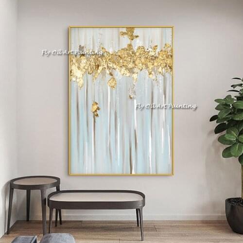 Abstract 100% Handmade Gold Foil Leaf Scenery Oil Painting Plant Canvas Landscape Beautiful Pictures Gift for Home Porch Decor