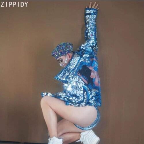 Flashing Mirror Blue Jacket Birthday Celebrate Imitation Denim Outfit Women Prom Party Wear Bar Jazz Dance Show Outfit