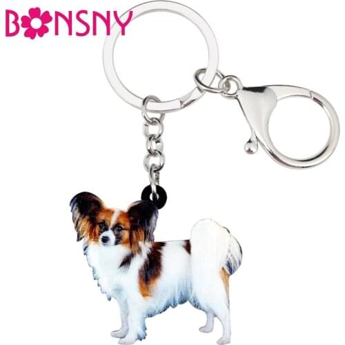 Bonsny Acrylic Papillon Dog Key Chains Keychain Rings Jewelry For Women Girls Handbag Car Purse Charms Pendant Pet Accessories