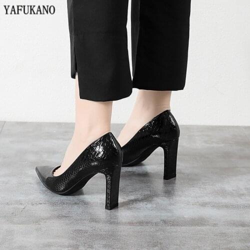 Black Patent Leather High Heels Square Heel Snakeskin Pattern Pointed Toe Soft Leather Women Pumps Elegant Party Dress Shoes 9cm