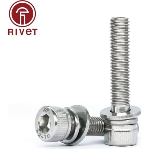 DIN912 M3 M4 M5 M6 304 Stainless Steel Hexagon Socket Head Cap Bolt Flat Washer Spring Washer Subassembly Hex Socket Hexagon
