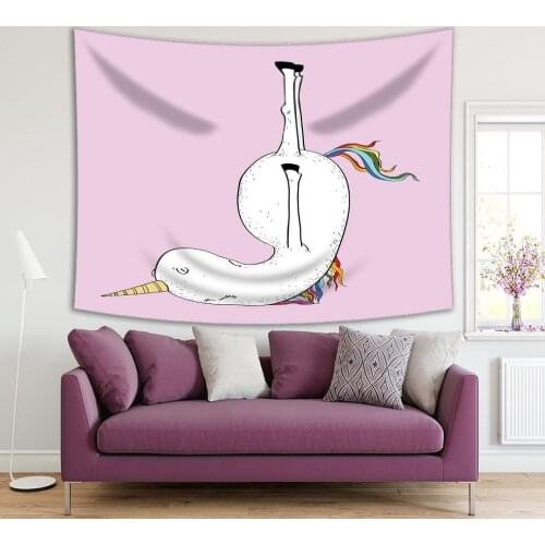 Tapestry Unicorn 5iridescent with Tail Is Engaged in Yoga Poses Exercise Healthy Fun Red Yellow Blue Artwork