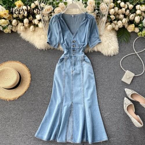 Ins Fashion V Neck Buttons Denim Dress Summer Vintage High Waist Split Jeans Dress Women Elegant Long Ladies Dress