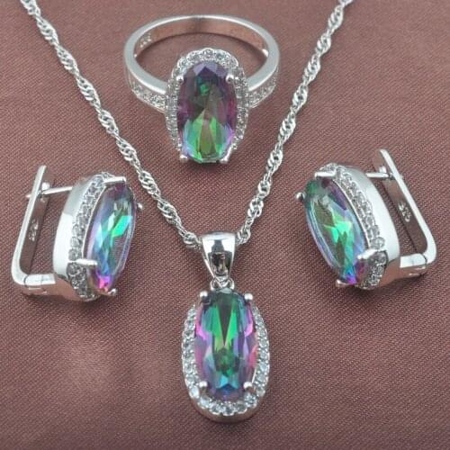 Hot Selling Multicolor Rainbow Zirconia Jewelry Set For Women Weedding Silver Color Jewelry Sets TZ0575
