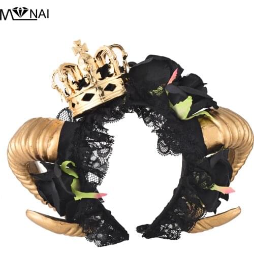 Lolita Ram Horns Headband Cosplay Fantasy Fancy Dress Sheep Goat Animal Black Rose Lace Crown Veil Headpieces Gothic Accessories