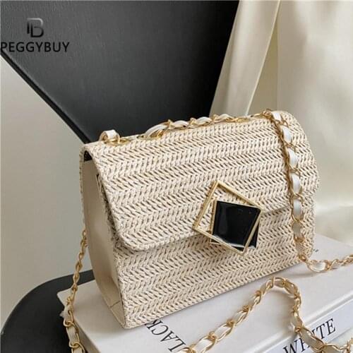Fashion Women Woven Shoulder Underarm Crossbody Messenger Bag Casual Ladies Summer Beach Vacation Chain Small Flap Purse Handbag