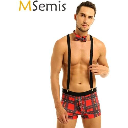 Gay Cosplay Costume Male Underwear Mens Lingerie Men Plaid Boxer Pouch Panties Trunk with Clip Tanga Suspenders Bowtie Set