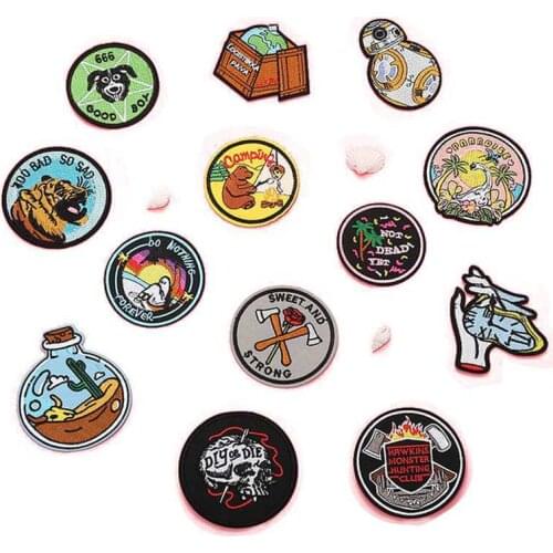 50pcs/Lot Embroidery Patches Letters Clothing Decoration Accessories Animal Weird Stuff Diy Iron Heat Transfer Applique Round