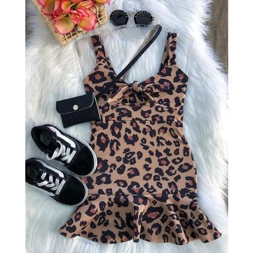 1-5Y Fashion Children Girls Casual Dresses Toddler Kids Sleeveless Bowknot Leopard Print Ruffles A-line Dress Holiday Sundress
