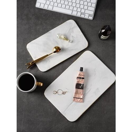 Gold Plated Ceramic Marble Tray Bread Cutting Board Storage Dining Table Sitting Room Tray Salver