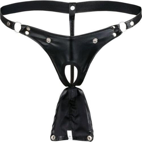 Men Sexy Faux Leather Briefs Thong Buckled Bulge Pouch Briefs G-string Jockstrap Erotic Underwear Male Lingerie Panties Clubwear