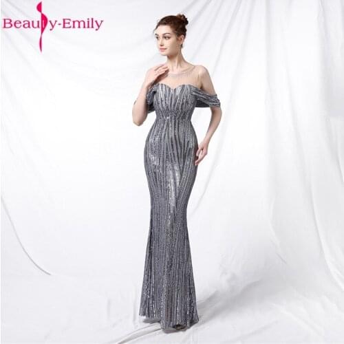 Evening Dress 2020 Fashion Lace Sequined Sleeveless O Neck Formal Party Dress Sexy Off the Shoulder Zipper Back Black Prom Dress