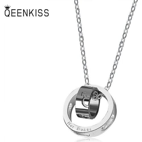 QUEENKISS NC611 Jewelry Wholesale Fashion Lady Girl Birthday Wedding Lovers Round Shape18KT Black White Gold Pendant Necklace