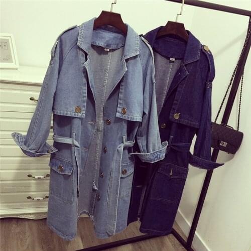 Women Denim Windbreaker Spring Autumn Fashion Women Jackets Coats Loose Long Jeans with belt Female Casual BF cowboy Outwear