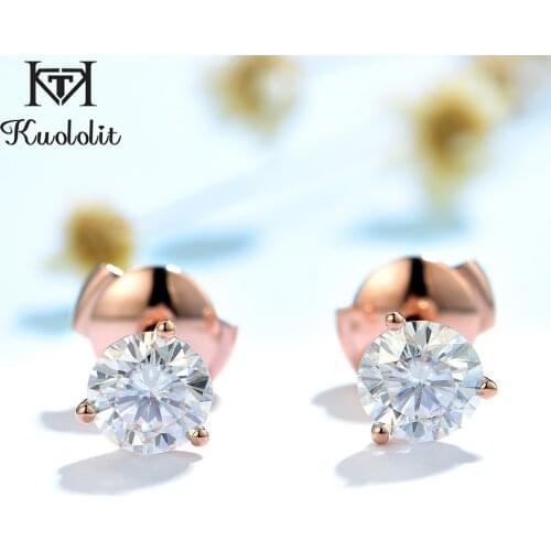 Kuololit Solid 18K 14K 10K 585 Rose Gold 1CT Moissanite Earrings for Women D VVS Solitaire Pousette Back Earring for Anniversary