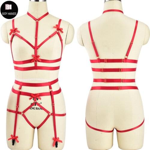 Rave Women Cage Harness Bra Red Bow Garter Belt Pole Dance Bondage Body Harness Set Gothic Fetish Stocking Belt
