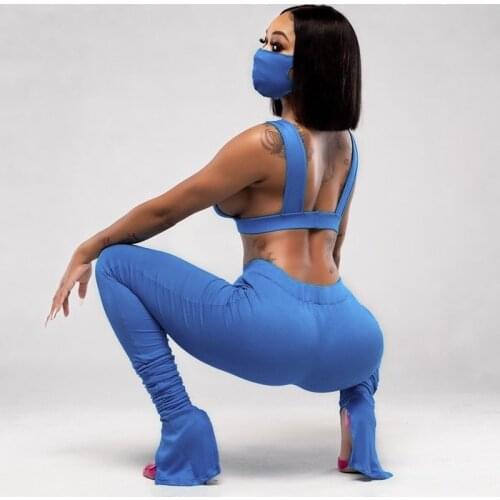 Casual Sporty Tracksuit Sleeveless Solid Backless Bra Top And High Waist Stacked Pants 2 Pieces Set Summer Women Gym Tracksuit