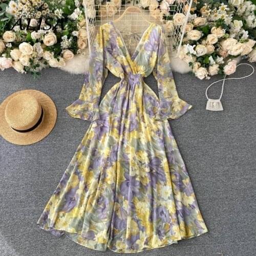 New Women Vintage Chiffon Dress Spring Summer Long Sleeve V Neck Sexy Dresses Ladies Backless Bandage Boho Long Robe Vestidos