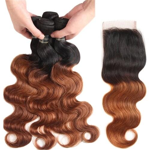 1B/30 Ombre Human Hair Bundles With Closure Remy Hair Weave Extensions Brazilian Body Wave Bundles With Lace Closure SIYUSI