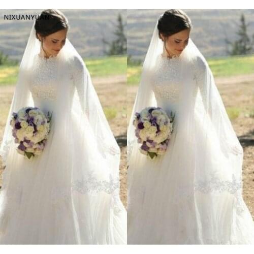 2021 Muslim Wedding Dresses O-Neck Long Sleeves Appliques Satin Tulle Floor Length Modest Wedding Gowns Bridal Dress Zipper
