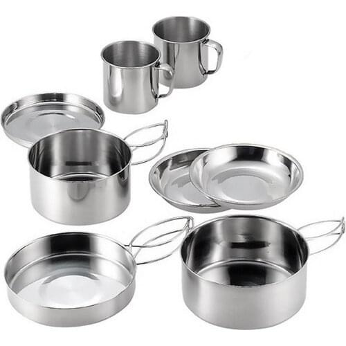 8pcs/Set Stainless Steel Camping Cookware Set Camping Tableware Kit Cooking Teapot Kettle Bowls Pot Frying Pan Cooking Utensils