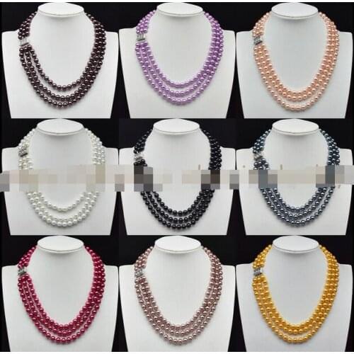 Beauty 3 Rows 8mm white south sea shell pearl round necklace Earrings 17-19"