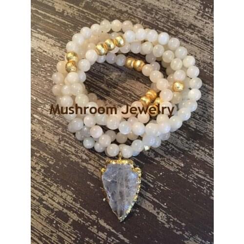 Bohemian White Beads long Necklace Gold Ball Necklace Jaspers Arrowhead Charm Pendant arrow necklace
