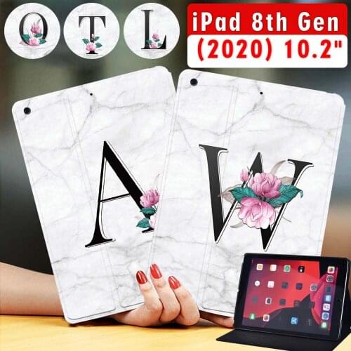 Tablet Case for Apple IPad 2020 8th 10.2 Inch White Marble Series PU Leather Stand Pattern Protective Case + Free Stylus