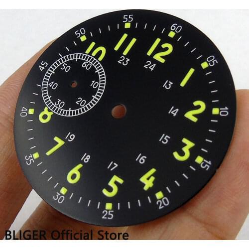 39MM BLIGER Black Sterile Dial Green Numerals Luminous Marks Watch Dial Fit For ETA 6497 ST3600 Hand Winding Movement D47