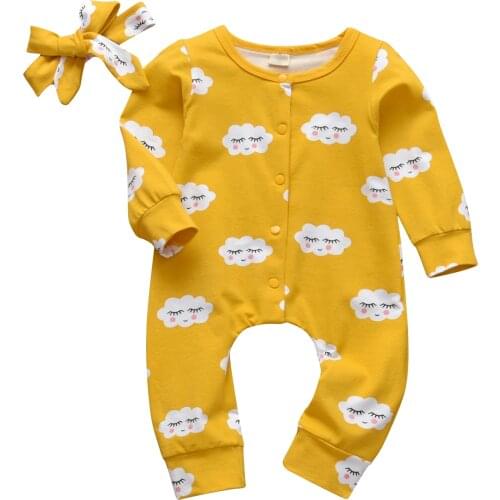 Newborn Baby Boy Girl Romper Playsuit Cute Printed Button Jumpsuit With Headband Full Sleeve Baby Toddler Clothes