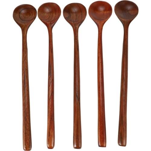 Long Spoons Wooden, 5 Pieces Korean Style 10.9 inches 100% Natural Wood Long Handle Round Spoons for Soup Cooking Mixing Stirrer