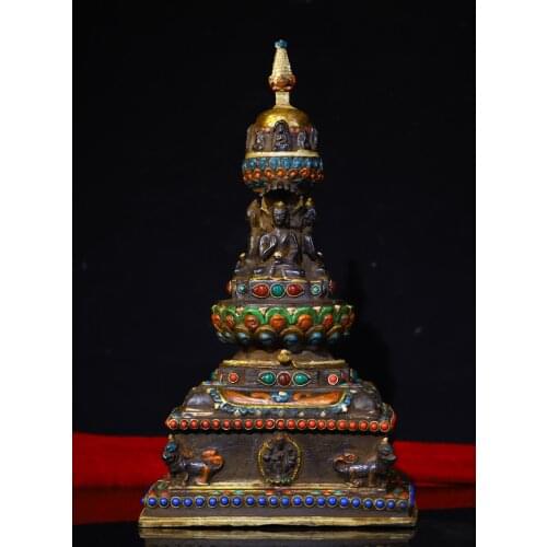 Home Decor12" Tibet Buddhism Temple Old Bronze Tracing gem Engraved Shakyamuni Buddha Statue pagoda Enshrine the stupa