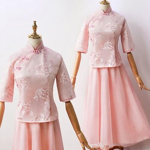 Elegant Fashion Pink Blue Half Sleeve Tea-length Lace Vintage Traditional Bridesmaid Dresses Autumn Summer Party Women Dress