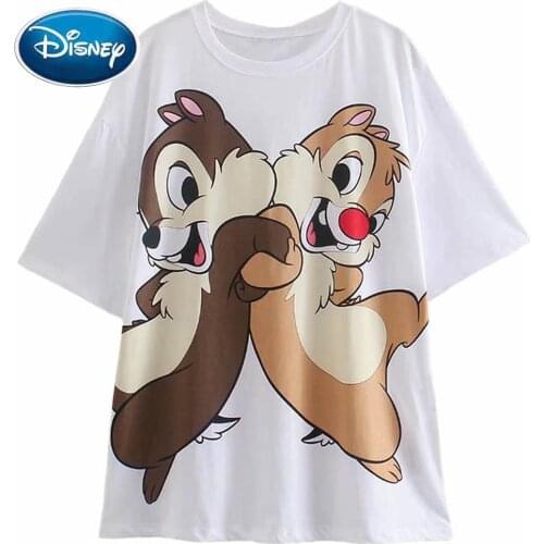 Disney Fashion Chip 'n Dale Cartoon Print T-Shirt Cute Women Harajuku Short Sleeve Female Casual O-Neck Tee Top White Streetwear