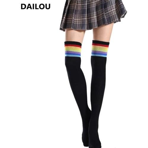 Rainbow Stripe Knee Socks Women Acrylic Fashion Casual Color Comic Thigh High Stockings Girls Knee High Socks Funny Socks Gifts