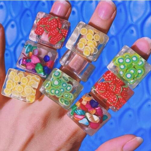 HuaTang Korean Fashion Fresh Fruits Transparent Resin Acrylic Ring for Women Girls New Design Strawberry Lemon Finger Jewelry