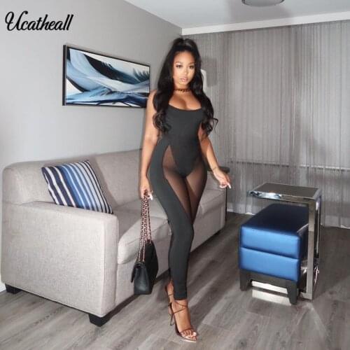 Summer Sexy Jumpsuit Women 2021 Cami Straps Backless Sleeveless Bodycon Jumpsuit Female Mesh Patchwork Club Jumpsuits