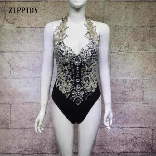 Fashion Silver Sparkly Crystals Bodysuit One Piece Rhinestones Black Outfit Costumes Female Singer Dancer Performance Stage Wear