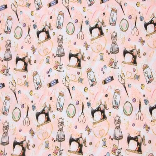 Cartoon Sewing Machine Scissors Buttons Needlework 100% Cotton Fabric for Girl Clothes Hometextile Cushion Cover Backpack DIY