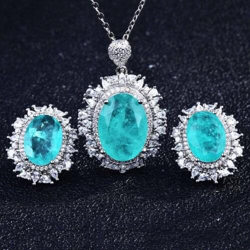 925 Sterling Silver Paraiba Temperament Jewelry Set Women CZ Wedding Earrings Emerald Gemstone Pendant Necklace Resizable Ring