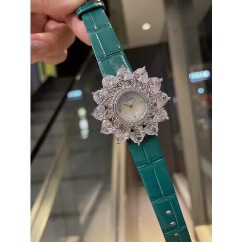 New 2021 Fashion Genuine Leather Drop Water Diamond Flower Watch Mother Of Pearl Shell Dial Wristwatch Famous Brand C CLock 38mm
