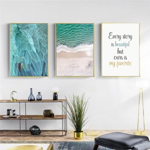 Nordic Home Decor Canvas Prints 3 Panels Green Feather Seascape and Words Quadro Wall Art Modern wall pictures for living room